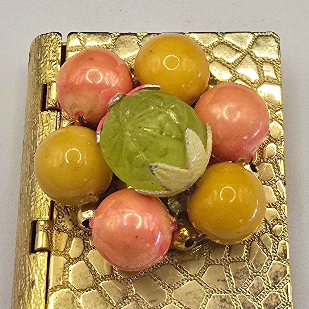Vintage Mid-Century Gold-Tone Tutti Frutti / Fruit Salad Book Pill Box / Compact